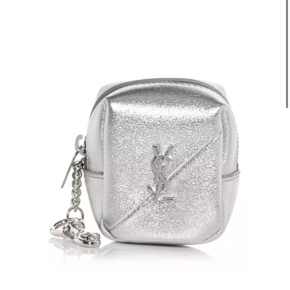 YSL Saint Laurent Jamie Cube Charm Leather Zip Pouch Silver NWT - Picture 1 of 7